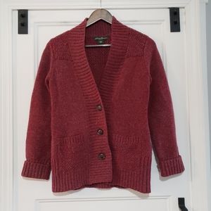 Eddie Bauer Womens XS Cardigan Sweater Button Up Burgundy Grey Knit 2 Pocket